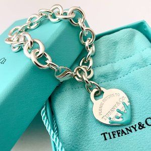 Return to Tiffany Tiffany Blue Splash Chain Heart Charm Bracelet Sz Small